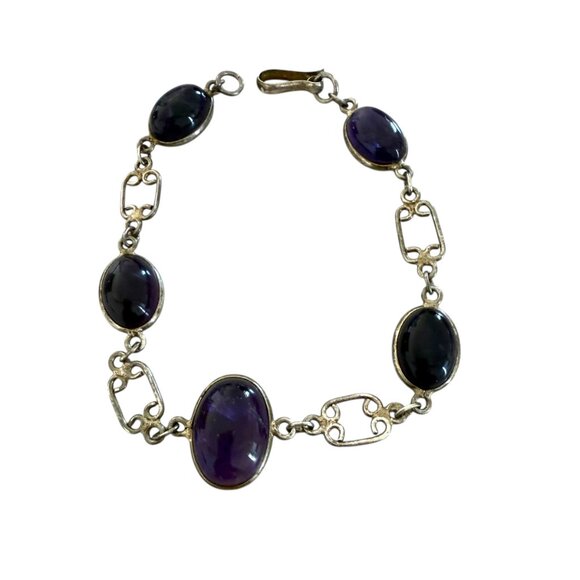 Sterling Silver Bezeled Amethyst cabochon Ovals Handmade 8" Bracelet - Picture 6 of 7